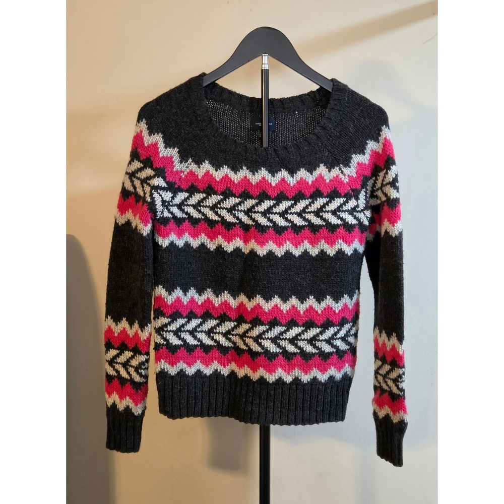 American Eagle Gray Pink Chevron Fair Isle Knit Wool Blend Sweater Women's XS